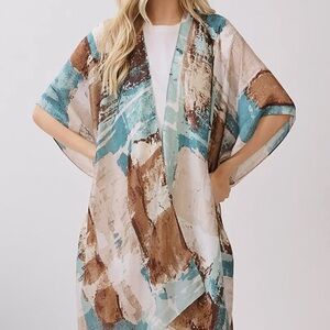 1133.  Abstract Watercolor Kimono Duster in Teal & Brown